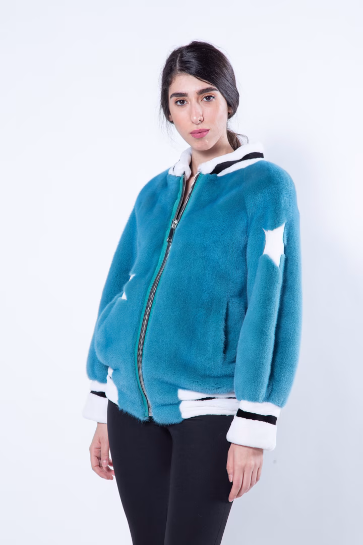 Пальто из меха норки цвета Teal Blue — фото 5 из 9