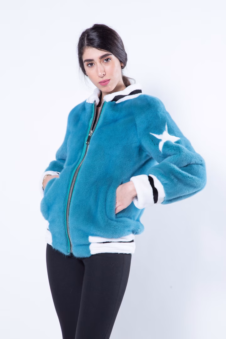 Пальто из меха норки цвета Teal Blue — фото 6 из 9
