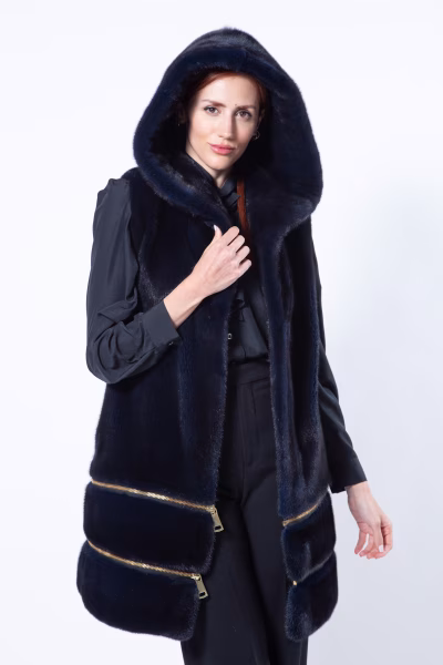 Двусторонний жилет из норки цвета Royal Blue с капюшоном